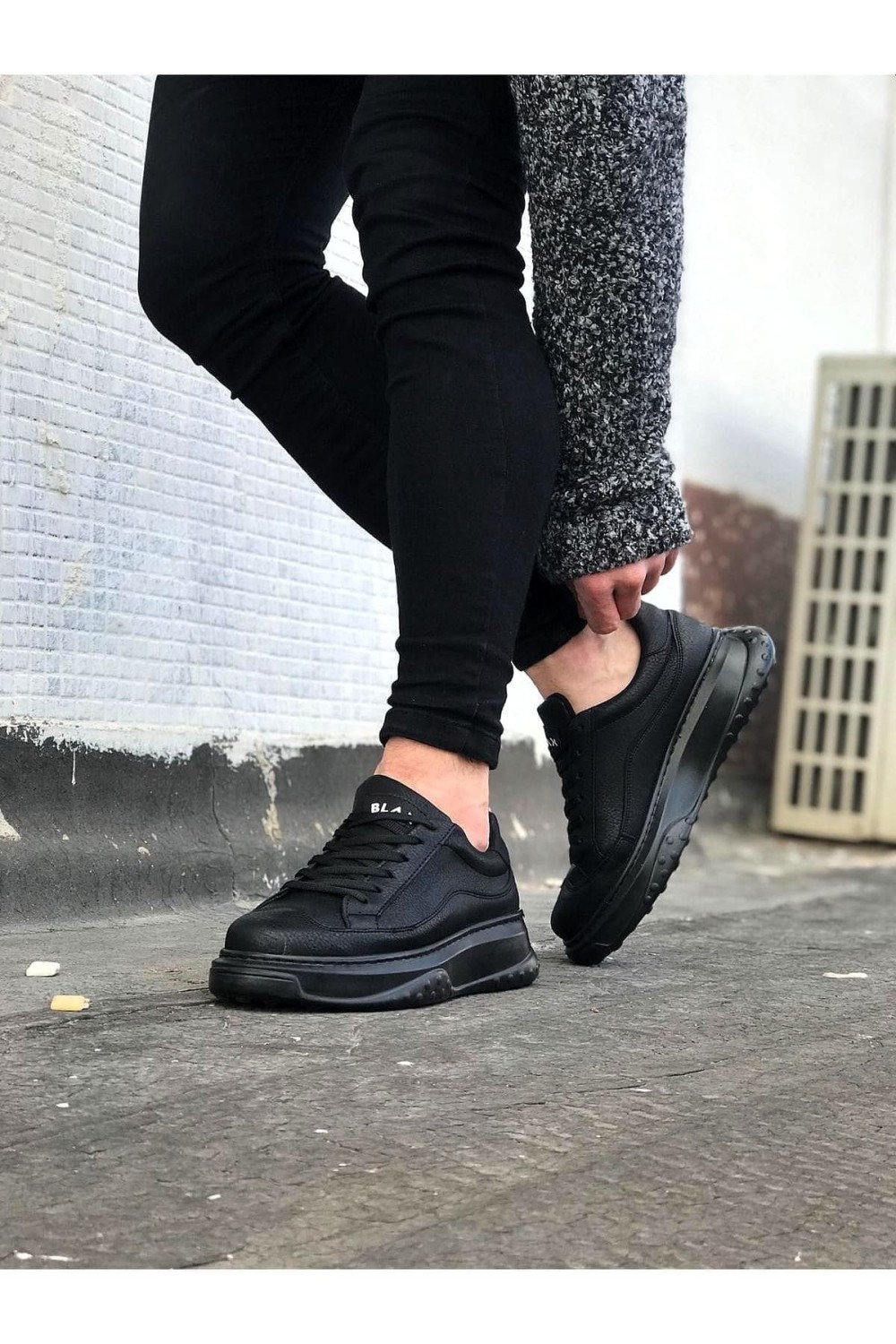 WG507 Erkek Günlük Bağcıklı Cilt Spor Sneaker Ayakkabı CST - Siyah
