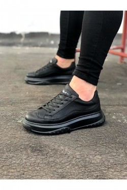 WG507 Erkek Günlük Bağcıklı Cilt Spor Sneaker Ayakkabı CST - Siyah
